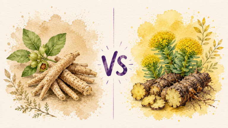 Watercolor-style comparison of Ashwagandha and Rhodiola roots, highlighting two popular adaptogenic herbs used to support stress resilience, energy, and overall wellness.