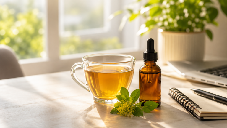 Herbal tea and natural adaptogenic supplement on a bright morning workspace, representing caffeine-free energy, focus, and productivity support.