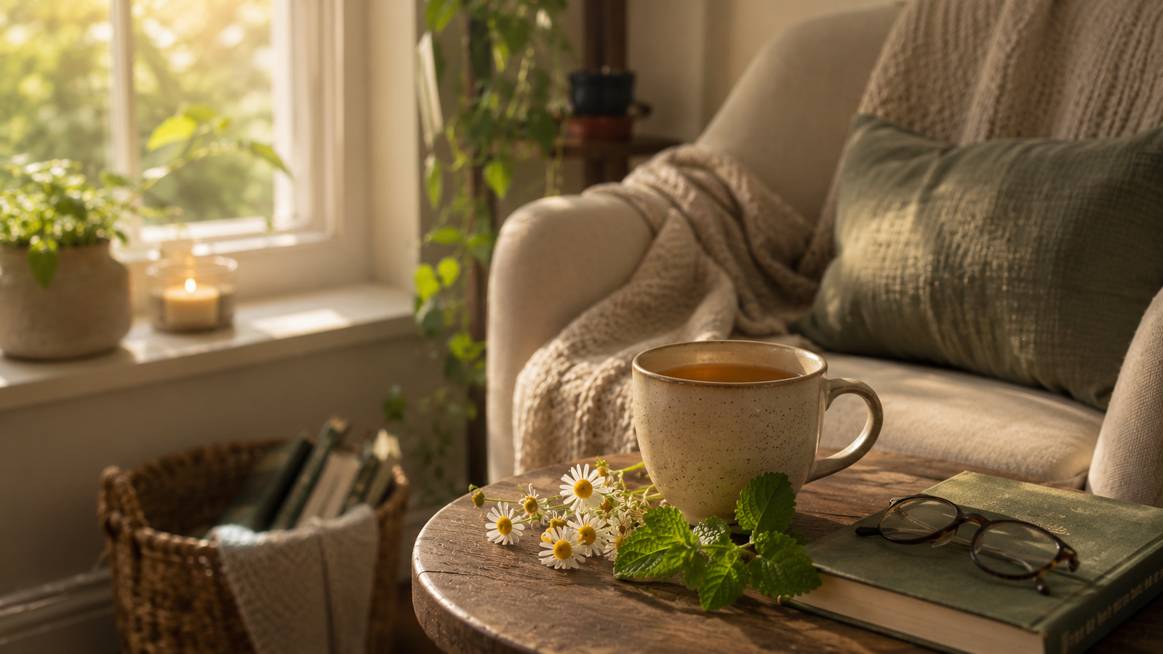 Cozy relaxation corner with herbal tea, chamomile flowers, lemon balm leaves, and a comfortable armchair, representing natural approaches to stress relief and emotional well-being.
