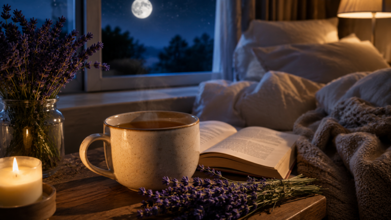Herbal tea, lavender flowers, and a cozy bedtime reading setup illuminated by moonlight, representing natural sleep aids and relaxation techniques for better sleep.