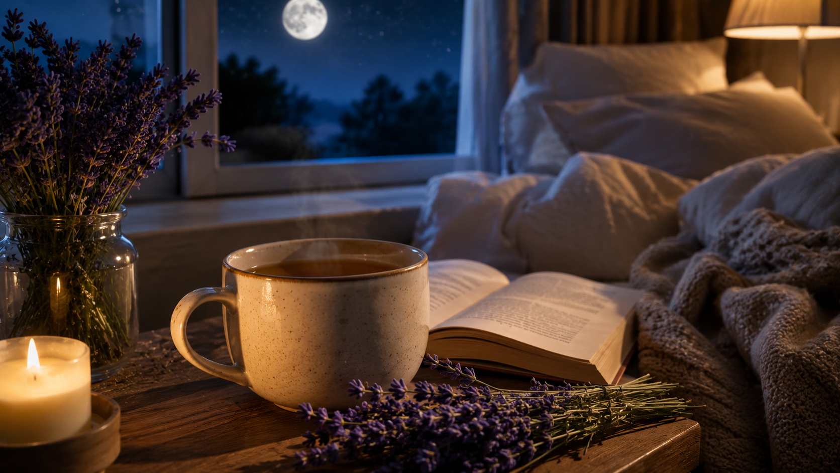 Herbal tea, lavender flowers, and a cozy bedtime reading setup illuminated by moonlight, representing natural sleep aids and relaxation techniques for better sleep.