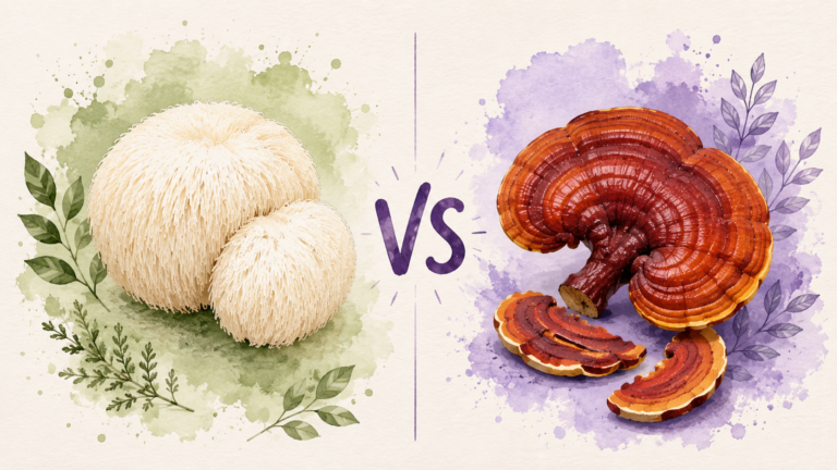 Watercolor-style comparison of Lion's Mane and Reishi medicinal mushrooms, highlighting their different wellness benefits and traditional uses.