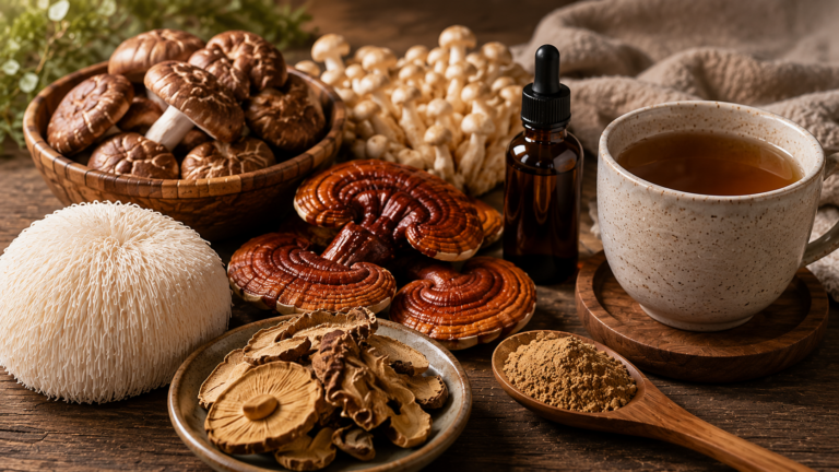 Selection of medicinal mushrooms including Lion's Mane, Reishi, and mushroom extracts displayed on a rustic wooden table alongside tea and powdered supplements.